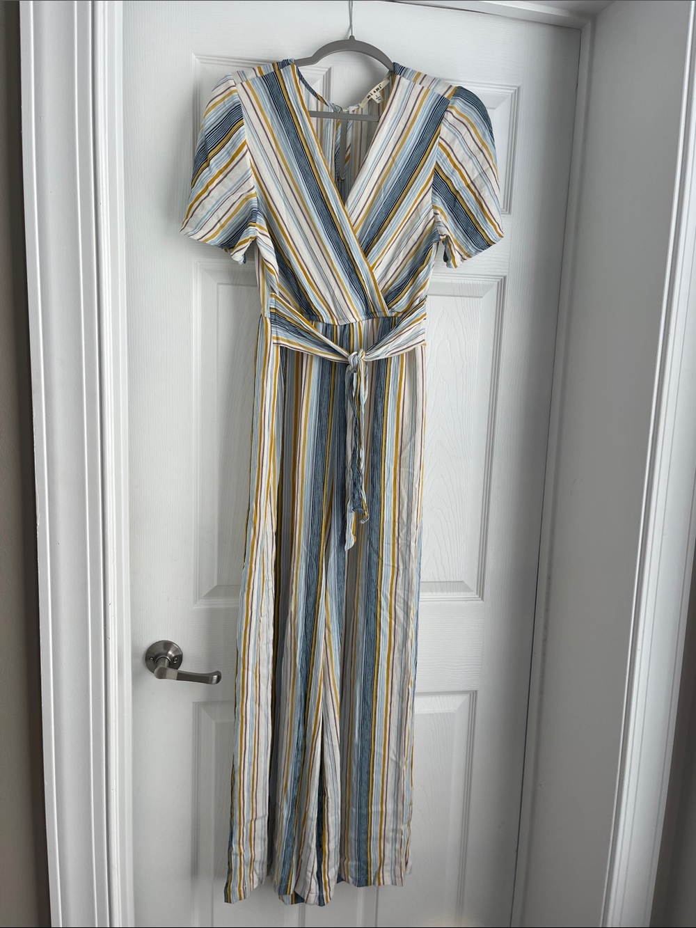 miami Striped Wrap Jumpsuit in Blue, White & Mustard